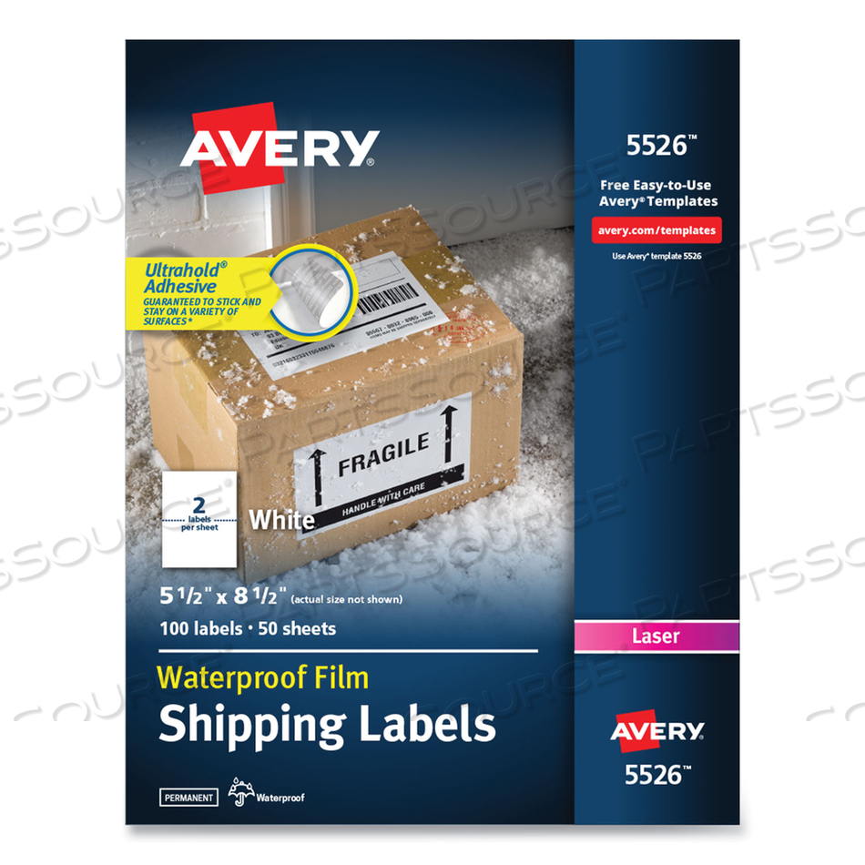 WATERPROOF SHIPPING LABELS WITH TRUEBLOCK TECHNOLOGY, LASER PRINTERS, 5.5 X 8.5, WHITE, 2/SHEET by Avery WATERPROOF SHIPPING LABELS WITH TRUEBLOCK TECHNOLOGY, LASER PRINTERS, 5.5 X 8.5, WHITE, 2/SHEET by Avery