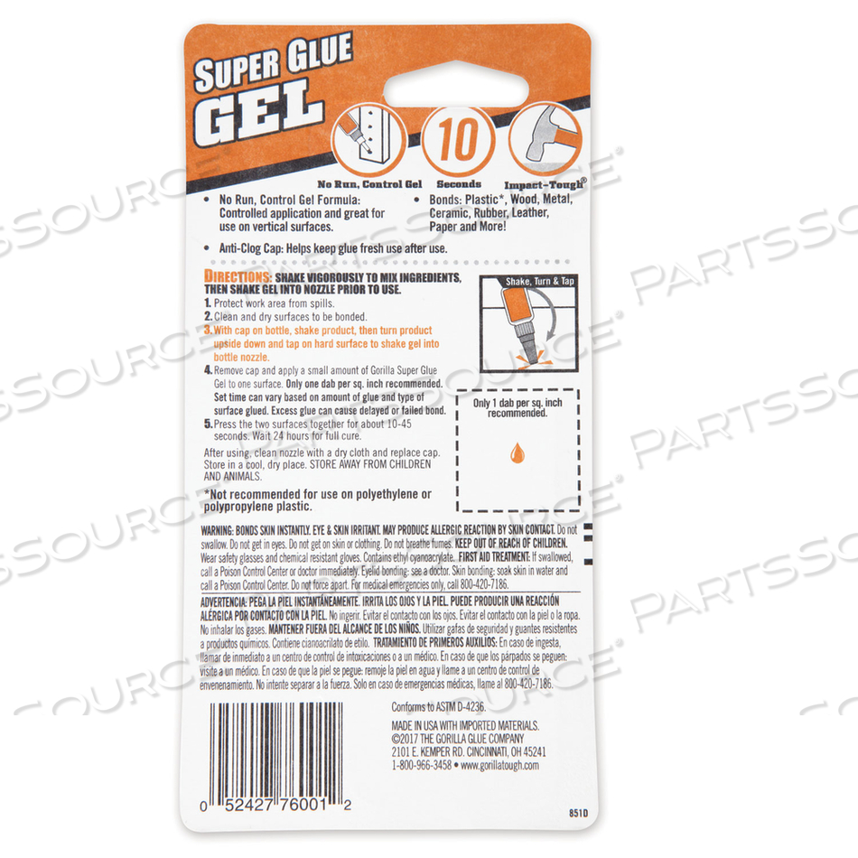 SUPER GLUE GEL, 0.53 OZ, DRIES CLEAR by Gorilla Glue SUPER GLUE GEL, 0.53 OZ, DRIES CLEAR by Gorilla Glue