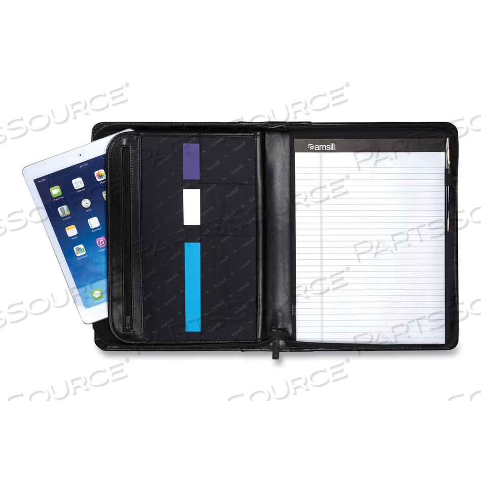 LEATHER ZIPPER PADFOLIO W/WRITING PAD, ORGANIZER SLOTS, BLACK 