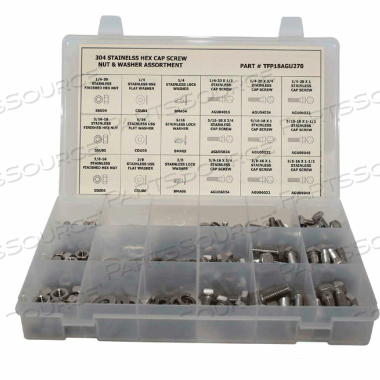 270 PIECE HEX HEAD CAP SCREW ASSORTMENT - 1/4" TO 3/8" - 304 STAINLESS STEEL by Titan Fasteners