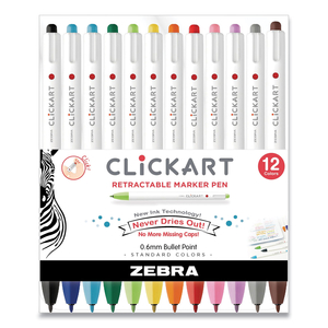 CLICKART POROUS POINT PEN, RETRACTABLE, FINE 0.6 MM, ASSORTED INK COLORS, WHITE/ASSORTED BARREL, 12/PACK by Zebra Pen Corporation