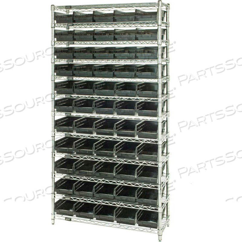 STEEL WIRE SHELVING WITH 55 CONDUCTIVE 4"H BINS BLACK - 12 SHELVES - 36"W X 24"D X 74"H by Quantum Storage Systems