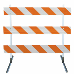 TYPE III BARRICADE W/ PLASTIC UPRIGHTS & ANGLE IRON FEET, ENGINEER STRIPED by Plasticade