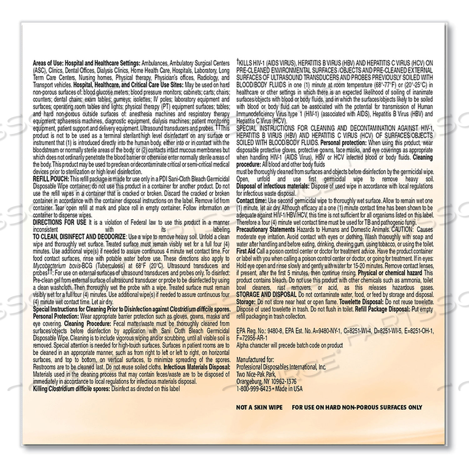 SANI-CLOTH BLEACH GERMICIDAL DISPOSABLE WIPE REFILL, 7.5 X 15, UNSCENTED, WHITE, 160/BAG by Sani Professional