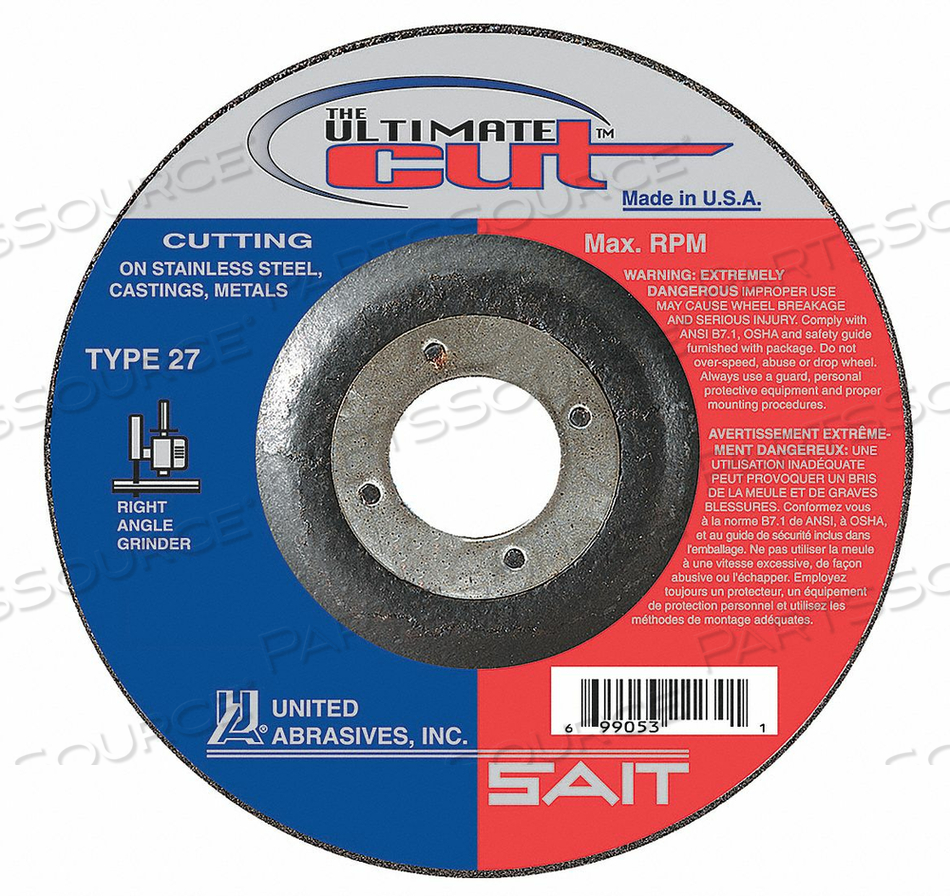 CENTER WHEEL 4.5 IN D 7/8 IN AH 60 GRIT by United Abrasives-Sait