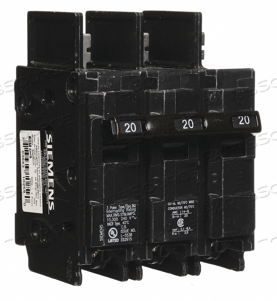 CIRCUIT BREAKER 20A BOLT ON 240V 3P by Siemens CIRCUIT BREAKER 20A BOLT ON 240V 3P by Siemens