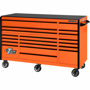 72" 19 DRAWER ORANGE TRIP BANK ROLLER CAB. BLACK PULL by Extreme Tools Inc.