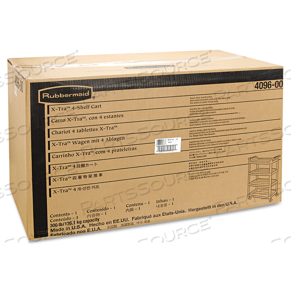 XTRA SERVICE CART, ALUMINUM POSTS, 4 SHELF, 40-5/8"LX20"W, BLACK by Rubbermaid Medical Division XTRA SERVICE CART, ALUMINUM POSTS, 4 SHELF, 40-5/8"LX20"W, BLACK by Rubbermaid Medical Division