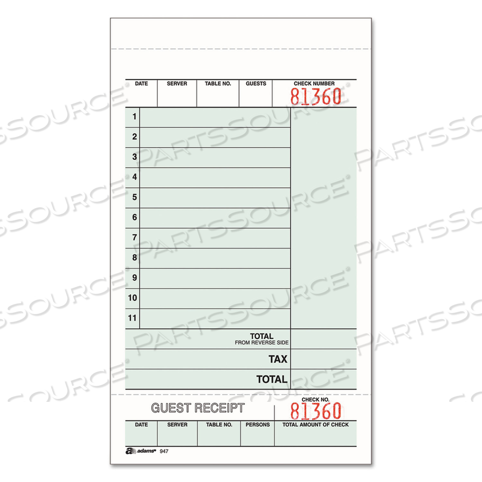 GUEST CHECK UNIT SET, TWO-PART CARBONLESS, 6.75 X 4.25, 50 FORMS/PAD by Adams