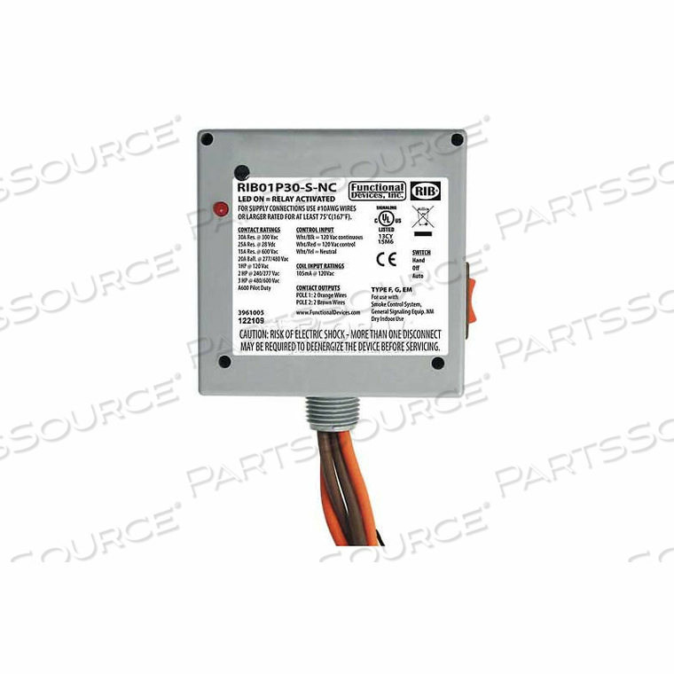 ENCLOSED POWER RELAY, 30A, DPST, 120VAC, COIL SIDE OVERRIDE by RIB ENCLOSED POWER RELAY, 30A, DPST, 120VAC, COIL SIDE OVERRIDE by RIB