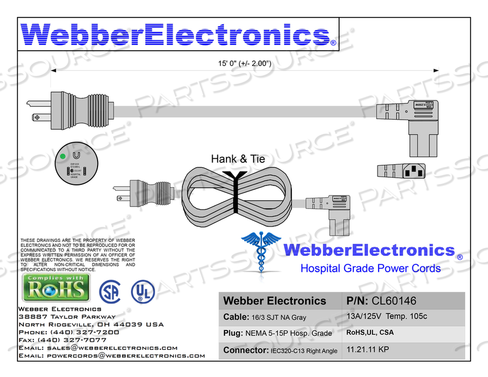 15FT 16 AWG NEMA 5-15P - C13R HOSPITAL GRADE POWER CORD - GREY by Webber Electronics