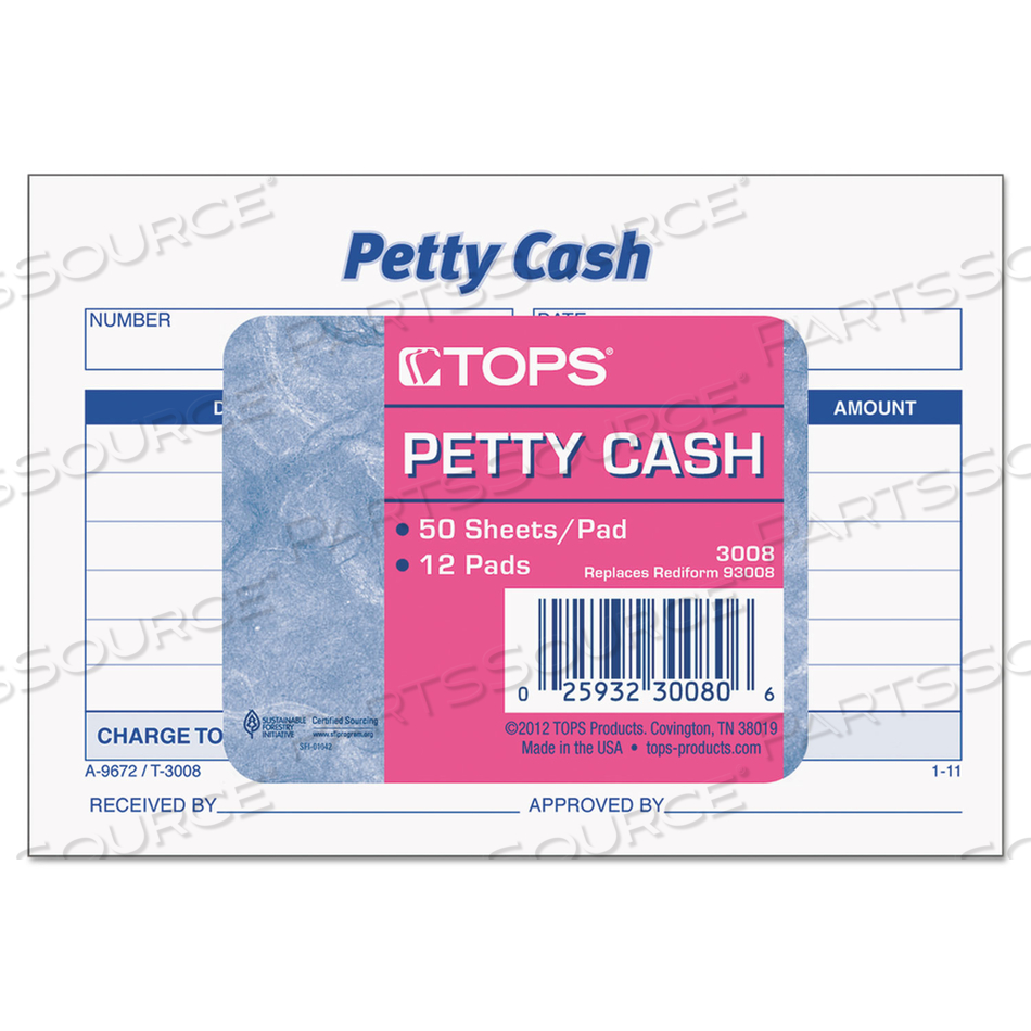 PETTY CASH SLIPS, ONE-PART (NO COPIES), 5 X 3.5, 50 FORMS/PAD by Tops