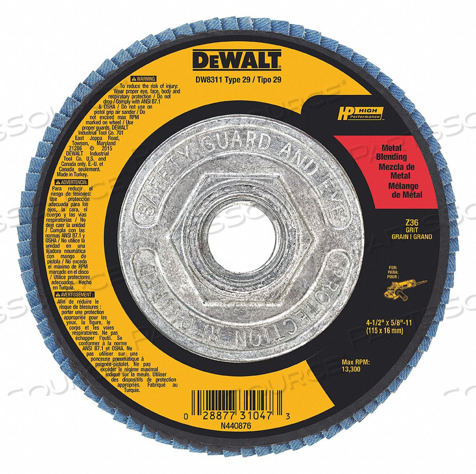 FLAP DISC TYPE 29 4-1/2" X 5/8-11" 36 GRIT ZIRCONIA by DeWalt
