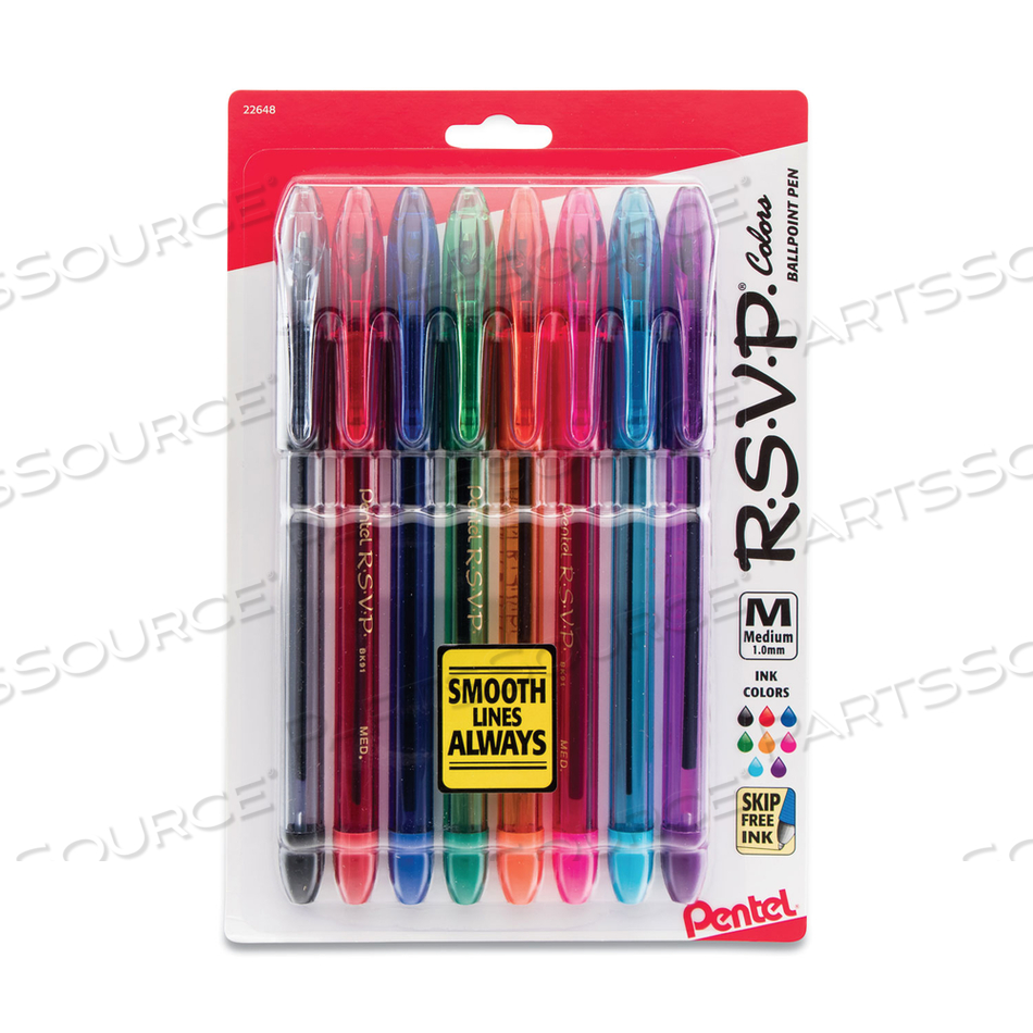 R.S.V.P. BALLPOINT PEN, STICK, MEDIUM 1 MM, ASSORTED INK AND BARREL COLORS, 8/PACK by Pentel of America R.S.V.P. BALLPOINT PEN, STICK, MEDIUM 1 MM, ASSORTED INK AND BARREL COLORS, 8/PACK by Pentel of America