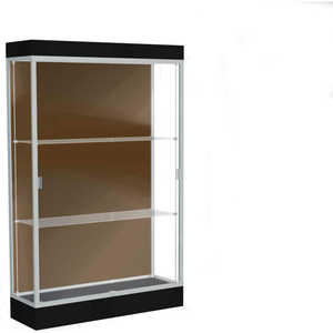 EDGE LIGHTED FLOOR CASE, CHOCOLATE BACK, SATIN FRAME, 6" BLACK BASE, 48"W X 76"H X 20"D by Waddell Display