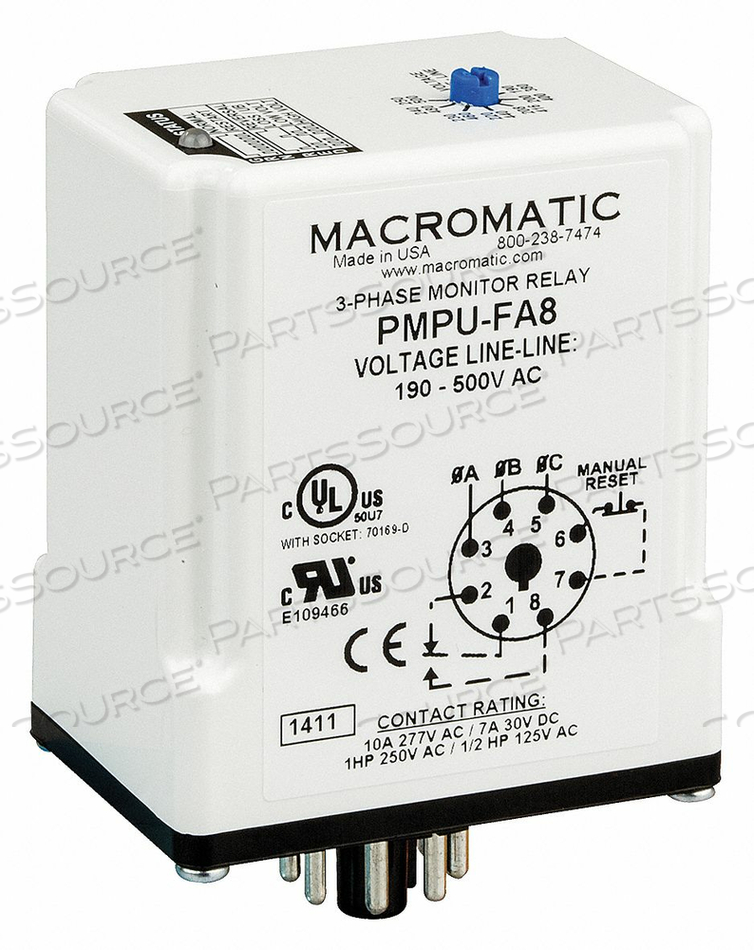 PHASE MONITOR RELAY 190-500VAC PLUG SPDT by Macromatic PHASE MONITOR RELAY 190-500VAC PLUG SPDT by Macromatic