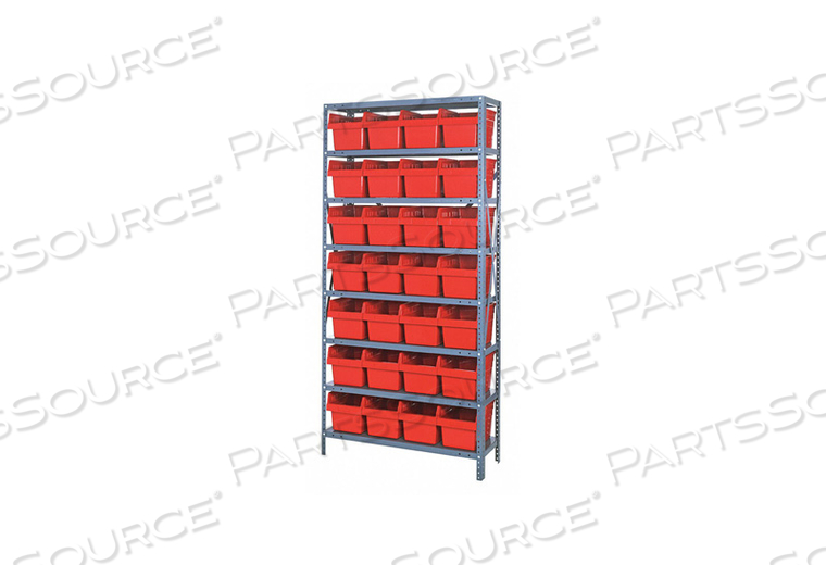 1275-SB807 STEEL SHELVING WITH 28 8"H PLASTIC SHELF BINS RED, 36X12X75-SB8 SHELVES by Quantum Storage Systems 1275-SB807 STEEL SHELVING WITH 28 8"H PLASTIC SHELF BINS RED, 36X12X75-SB8 SHELVES by Quantum Storage Systems