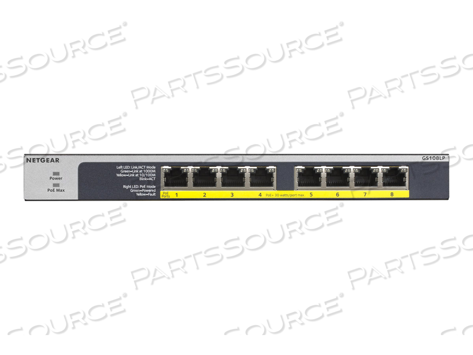 GS108LP, SWITCH, UNMANAGED, 8 X 10/100/1000 (POE+), DESKTOP, RACK-MOUNTABLE, WALL-MOUNTABLE, POE+ (60 W), DC POWER by Netgear