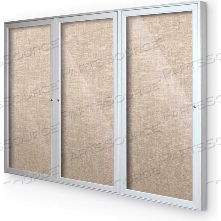 OUTDOOR ENCLOSED BULLETIN BOARD CABINET,3-DOOR 72"W X 48"H, SILVER TRIM, COTTON 