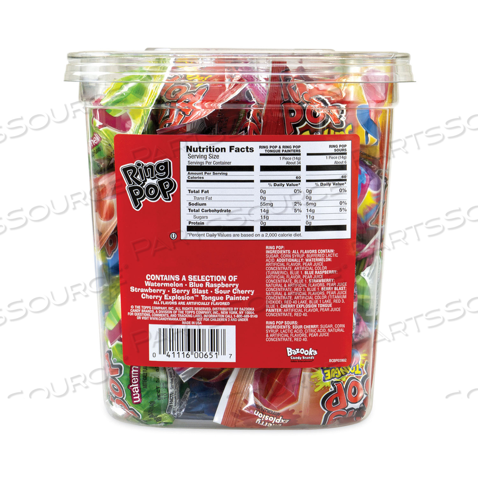 RING POP LOLLIPOPS, ASSORTED FLAVORS, 0.5 OZ, 40 PIECE TUB 