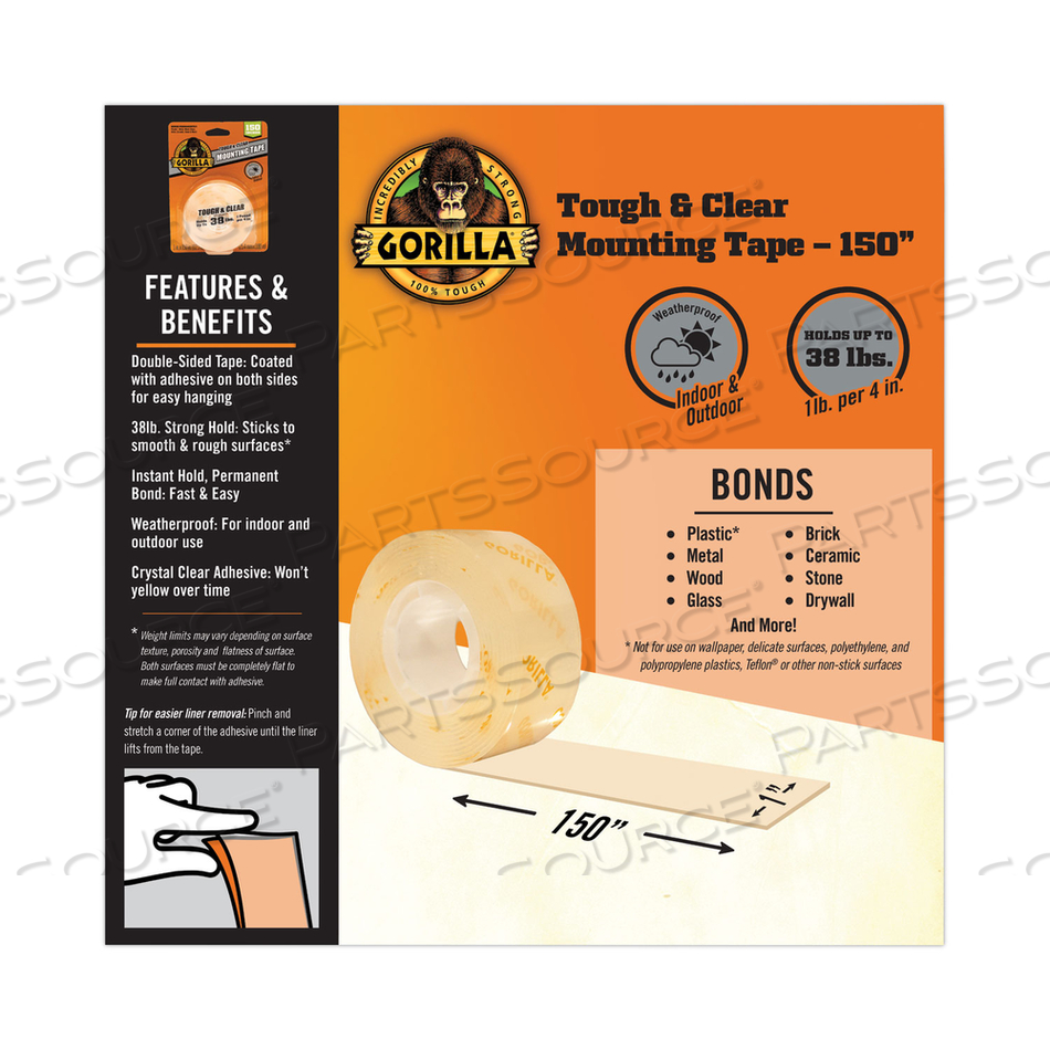 TOUGH & CLEAR DOUBLE-SIDED MOUNTING TAPE, PERMANENT, HOLDS UP TO 0.25 LB PER INCH, 1" X 12.5 FT, CLEAR by Gorilla Glue