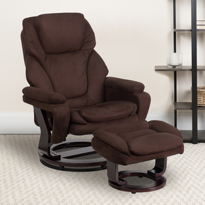 AUSTIN CONTEMPORARY MULTI-POSITION RECLINER AND OTTOMAN WITH SWIVEL MAHOGANY WOOD BASE IN BROWN MICROFIBER by Flash Furniture