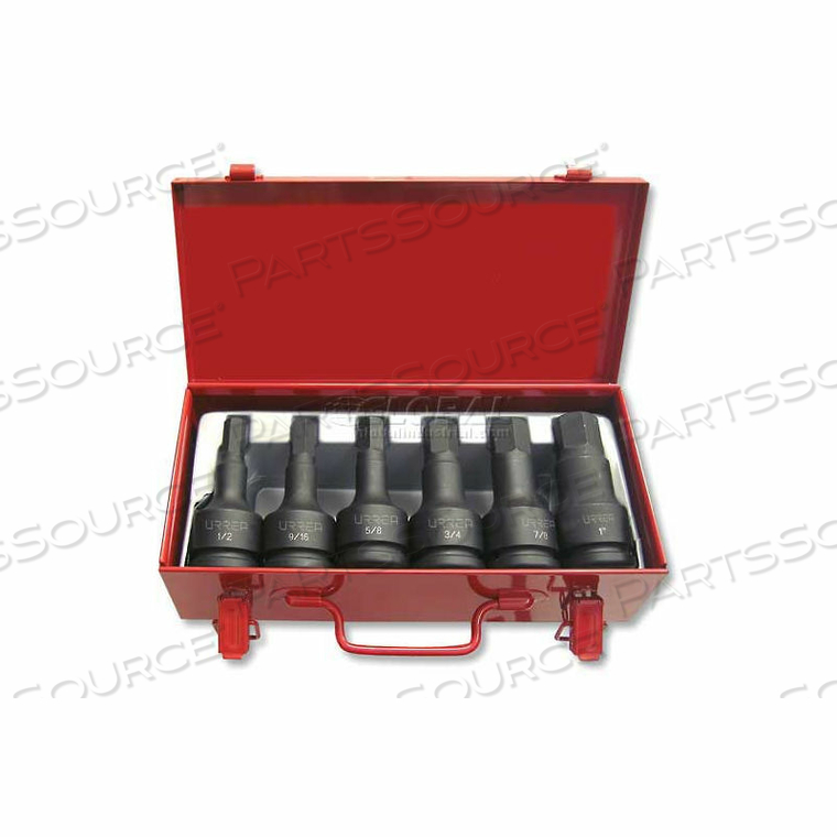 HEX FRACTIONAL IMPACT SOCKET BIT SET, 3/4" DRIVE, 6 PT, 1/2"-1", 6 PIECES W/METAL CASE by Urrea Professional Tools