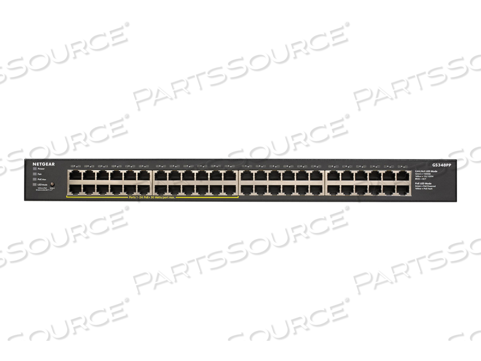 GS348PP, SWITCH, UNMANAGED, 48 X 10/100/1000 (24 POE+), DESKTOP, RACK-MOUNTABLE, POE+ (380 W) by Netgear