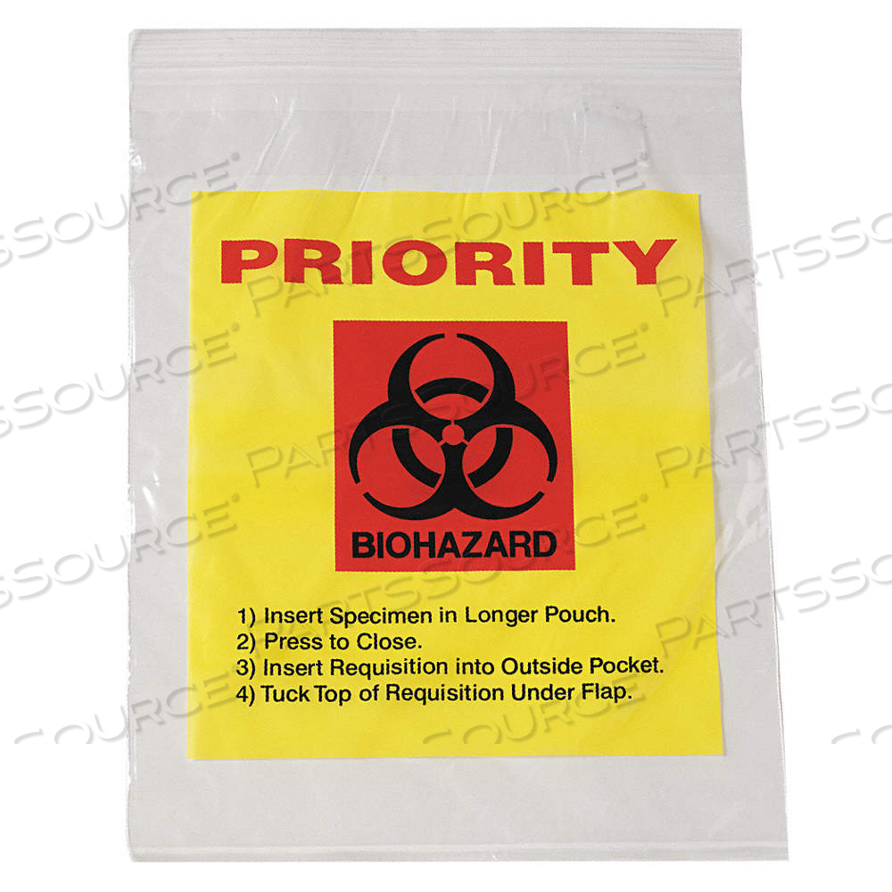 SPECIMEN TRANSFER BAG, LDPE, BIOHAZARD, 2 MIL THICK, CLEAR, 15 IN OVERALL HT, NON-STERILE by Approved Vendor
