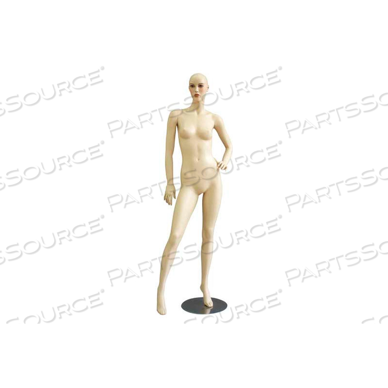 FEMALE MANNEQUIN - LEFT ARM ON HIP, RIGHT LEG OUT - NO HAIR, FLESH TONE 