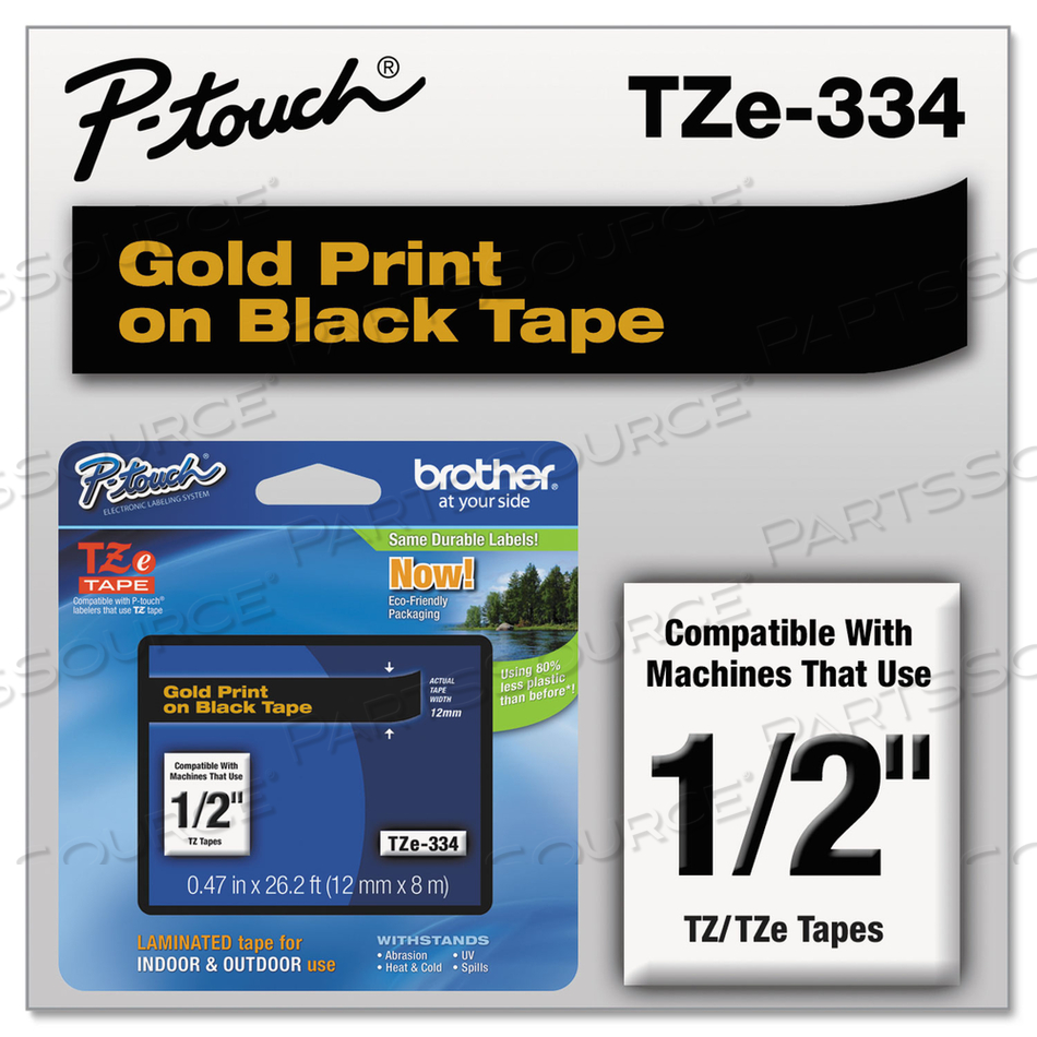 TZE STANDARD ADHESIVE LAMINATED LABELING TAPE, 0.47" X 26.2 FT, GOLD ON BLACK by Brother