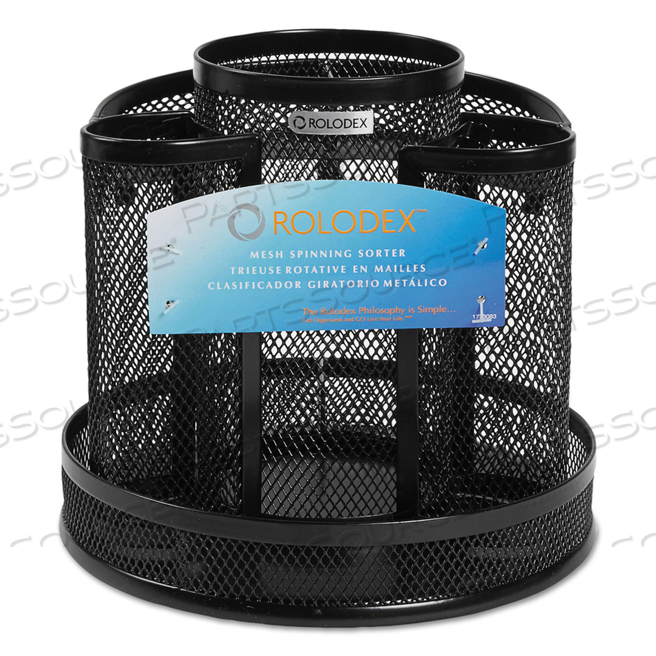 WIRE MESH SPINNING DESK SORTER, 8 COMPARTMENTS, STEEL MESH, 6.5" DIAMETER X 6.5"H, BLACK by Rolodex WIRE MESH SPINNING DESK SORTER, 8 COMPARTMENTS, STEEL MESH, 6.5" DIAMETER X 6.5"H, BLACK by Rolodex