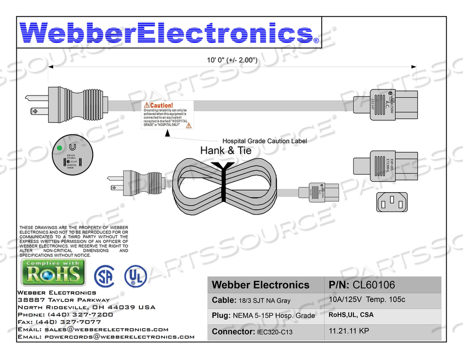 POWER CORD, 10 FT, 10 A, 125 V, 18 AWG, NEMA 5-15P TO IEC 320-C13, HOSPITAL GRADE POWER CORD, 10 FT, 10 A, 125 V, 18 AWG, NEMA 5-15P TO IEC 320-C13, HOSPITAL GRADE
