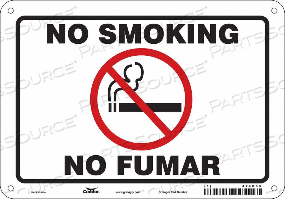 SAFETY SIGN, VERTICAL RECTANGLE, NUMBER OF PRINTED SIDES 1, ENGLISH, SPANISH, SIGN FORMAT OTHER FORMAT, SIGN LEGEND NO SMOKING/NO FUMAR, SIG by Condor