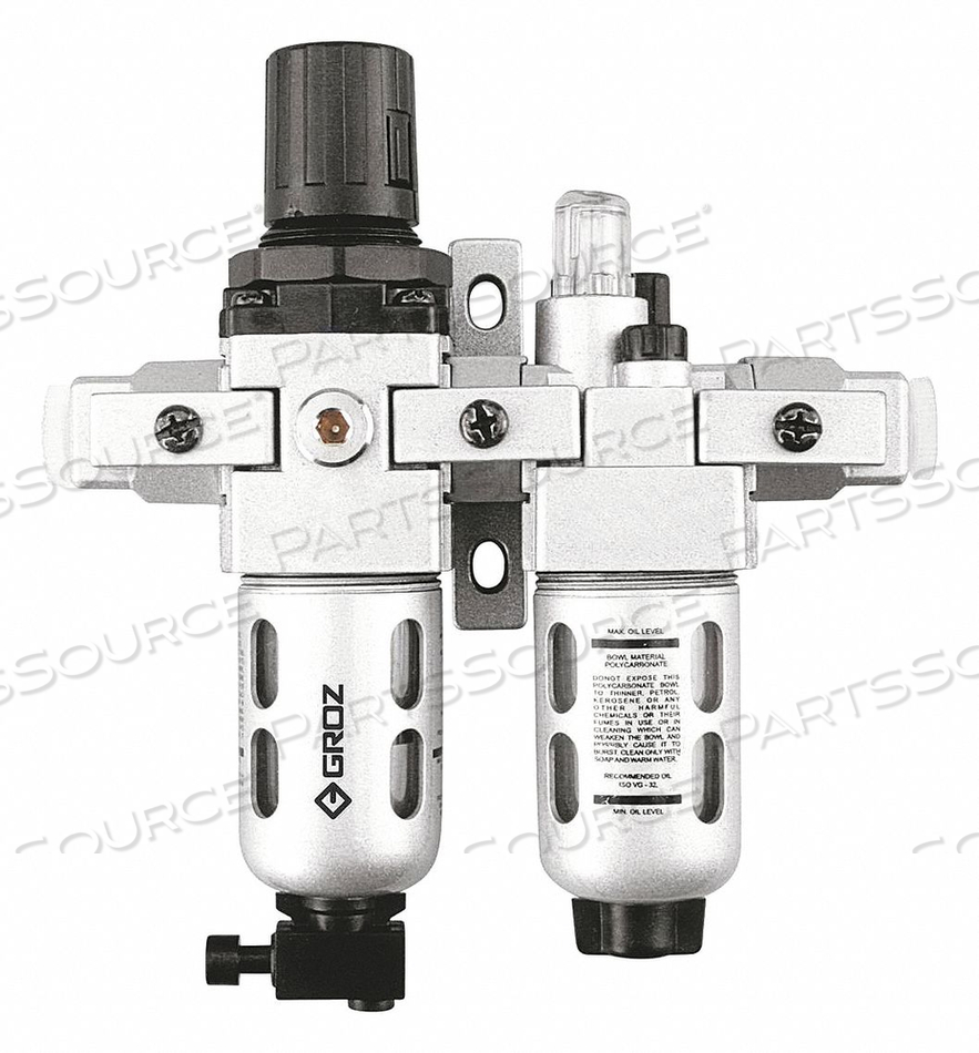 FILTER/REGULATOR/LUBRICATOR, AIR INLET SIZE 1/4 IN, AIR INLET TYPE NPT, MAXIMUM FLOW RATE 18 CFM, MAXIMUM OPERATING PRESSURE 145 PSI, FILTER by Groz FILTER/REGULATOR/LUBRICATOR, AIR INLET SIZE 1/4 IN, AIR INLET TYPE NPT, MAXIMUM FLOW RATE 18 CFM, MAXIMUM OPERATING PRESSURE 145 PSI, FILTER by Groz