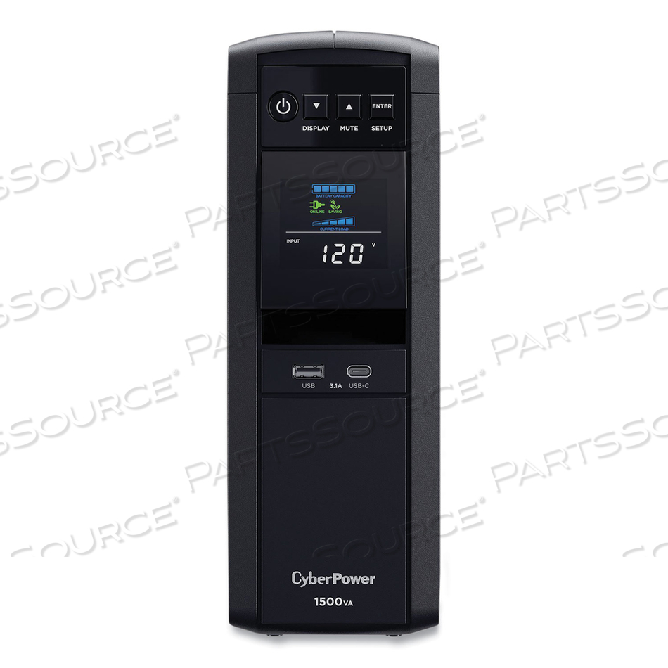 PFC SINEWAVE SERIES CP1500PFCLCD, UPS, AC 120 V, 1000 WATT, 1500 VA, 9 AH, RS-232, USB, OUTPUT CONNECTORS: 12, BLACK by CyberPower PFC SINEWAVE SERIES CP1500PFCLCD, UPS, AC 120 V, 1000 WATT, 1500 VA, 9 AH, RS-232, USB, OUTPUT CONNECTORS: 12, BLACK by CyberPower