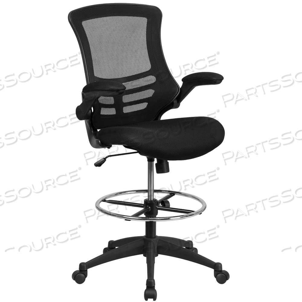 KELISTA MID-BACK BLACK MESH ERGONOMIC DRAFTING CHAIR WITH ADJUSTABLE FOOT RING AND FLIP-UP ARMS by Flash Furniture KELISTA MID-BACK BLACK MESH ERGONOMIC DRAFTING CHAIR WITH ADJUSTABLE FOOT RING AND FLIP-UP ARMS by Flash Furniture