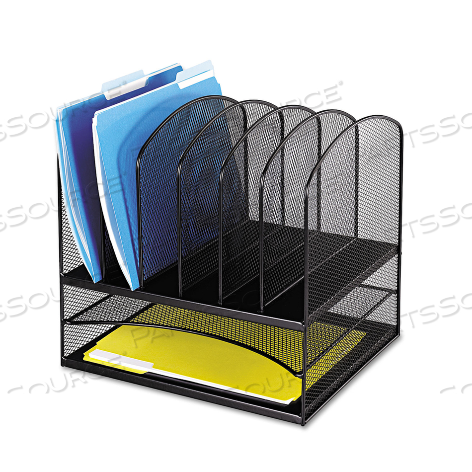 ONYX MESH DESK ORGANIZER WITH TWO HORIZONTAL AND SIX UPRIGHT SECTIONS, LETTER SIZE FILES, 13.25" X 11.5" X 13", BLACK by Safco