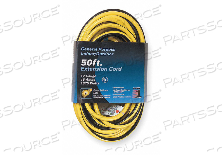 LIGHTED EXTENSION CORD, LOCATION OUTDOOR, CORD LENGTH 50 FT, WIRE SIZE 12 AWG, MAX. AMPS 15 A, VOLTAGE 125V AC, PLUG CONFIGURATION NEMA 5-15 by Power First LIGHTED EXTENSION CORD, LOCATION OUTDOOR, CORD LENGTH 50 FT, WIRE SIZE 12 AWG, MAX. AMPS 15 A, VOLTAGE 125V AC, PLUG CONFIGURATION NEMA 5-15 by Power First