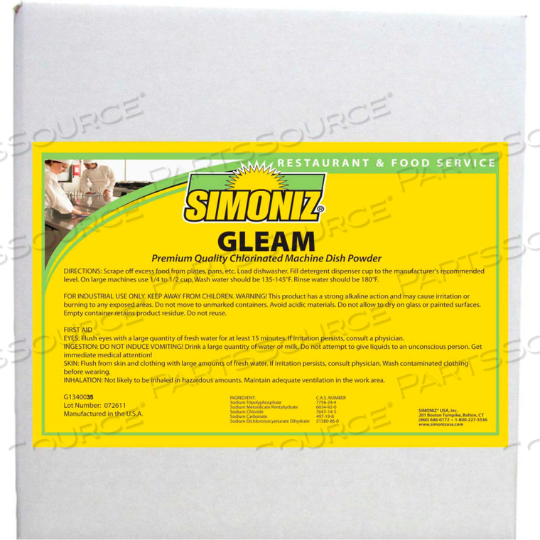 AUTOMATIC GLEAM CHLORINATED DETERGENT POWDER, UNSCENTED, 35 LB. PAIL by Simoniz USA AUTOMATIC GLEAM CHLORINATED DETERGENT POWDER, UNSCENTED, 35 LB. PAIL by Simoniz USA