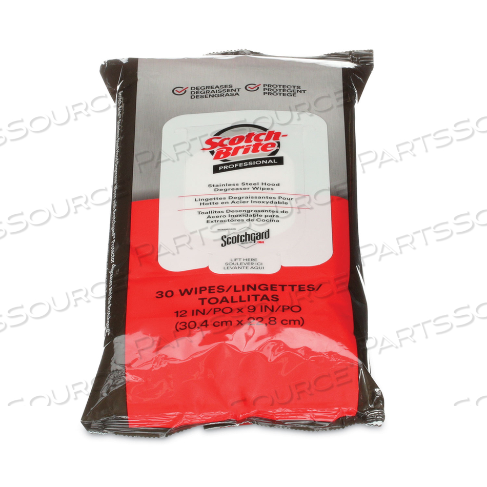 STAINLESS STEEL HOOD DEGREASER WIPES, 9 X 12, UNSCENTED, 30 WIPES/PACK/CARTON by 3M Consumer STAINLESS STEEL HOOD DEGREASER WIPES, 9 X 12, UNSCENTED, 30 WIPES/PACK/CARTON by 3M Consumer