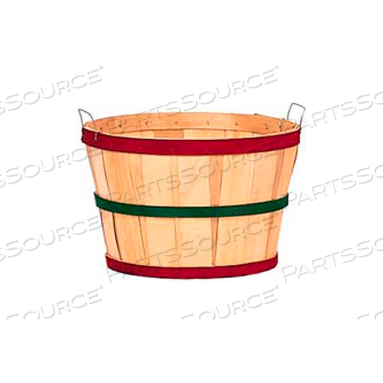 1 BUSHEL WOOD BASKET WITH TWO METAL HANDLES, RED/GREEN/RED BANDS 12 PC - NATURAL 