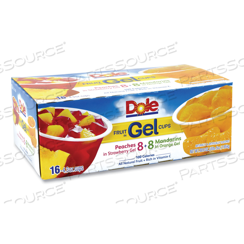 FRUIT IN GEL CUPS, MANDARINS/ORANGE, PEACHES/STRAWBERRY, 4.3 OZ CUPS, 16 CUPS/CARTON 