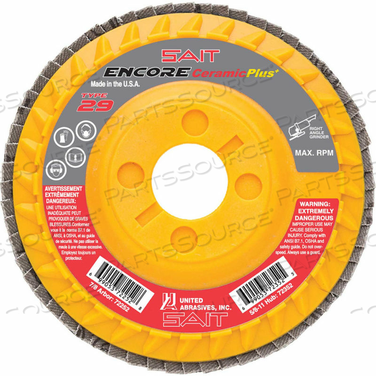 ENCORE FLAP DISC TYPE 29 4-1/2 " X 7/8" 40 GRIT CERAMIC 