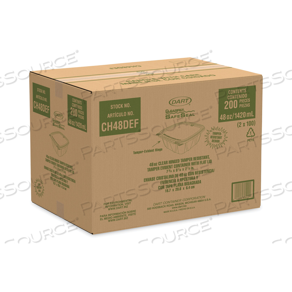 CLEARPAC SAFESEAL TAMPER-RESISTANT/EVIDENT CONTAINERS, FLAT LID, 48 OZ, 7.8 X 8.1 X 2.5, CLEAR, PLASTIC, 100/BAG by Dart Container Corporation CLEARPAC SAFESEAL TAMPER-RESISTANT/EVIDENT CONTAINERS, FLAT LID, 48 OZ, 7.8 X 8.1 X 2.5, CLEAR, PLASTIC, 100/BAG by Dart Container Corporation