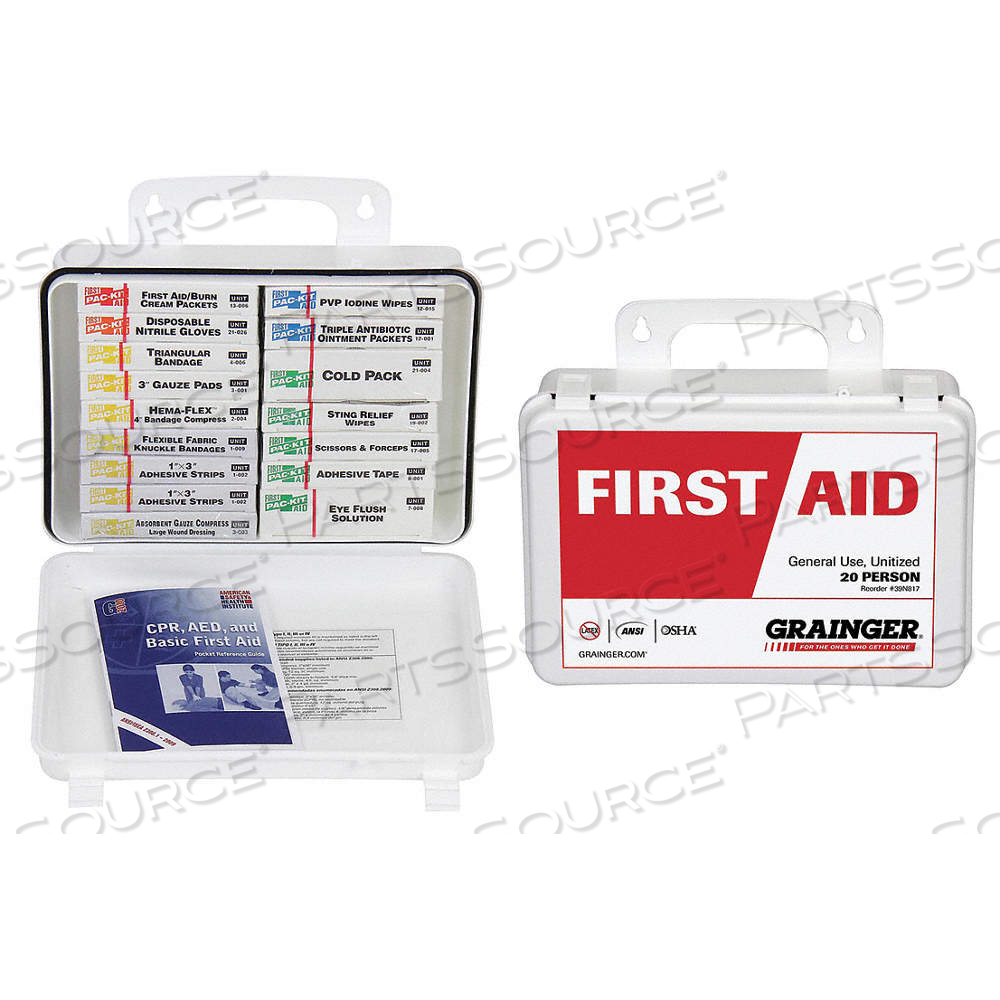 FIRST AID KIT AND HOUSING, 102 COMPONENTS, ANSI/ISEA Z308.1-2015, TYPE III, CLASS A by Approved Vendor