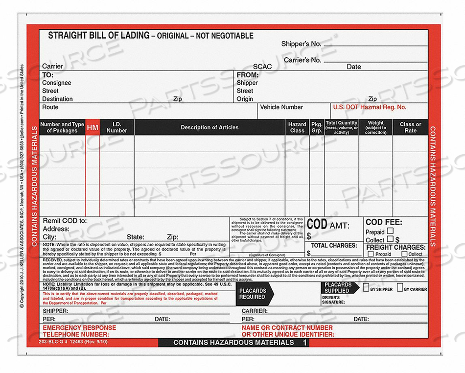 HAZMAT BILL OF LADING FORMS HAZMAT PK500 by J.J. Keller & Associates