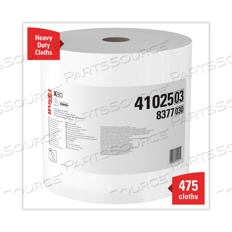 POWER CLEAN X80 HEAVY DUTY CLOTHS, JUMBO ROLL, 12.4 X 12.2, WHITE, 475/ROLL by WypAll