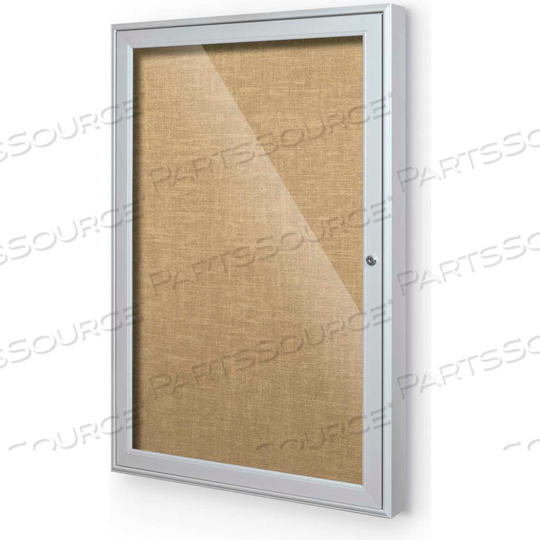 INDOOR ENCLOSED BULLETIN BOARD - 1 DOOR - CORK - SILVER ALUMINUM FRAME - 18"W X 24"H 