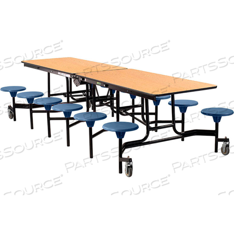 10' MOBILE CAFETERIA TABLE WITH STOOLS - MDF - OAK TOP/BLUE STOOLS/BLACK FRAME 